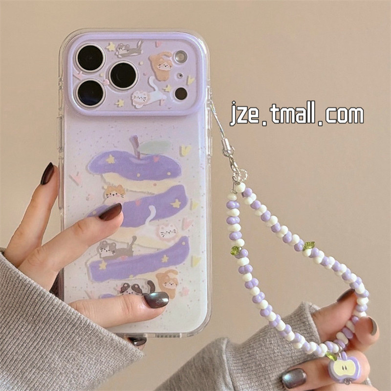 jze日韩ins泼墨紫色苹果核猫咪适用苹果17ProMax手机壳卡通iphone15新款16pro女款17pro双层14全包防摔手机套