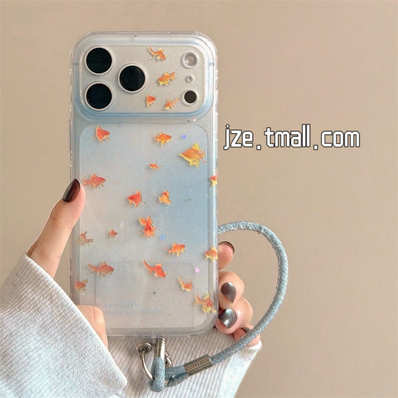 jze韩系ins晕染蓝可爱金鱼适用苹果17ProMax手机壳透明细闪iphone15新款16pro女款17pro创意14全包防摔手机套