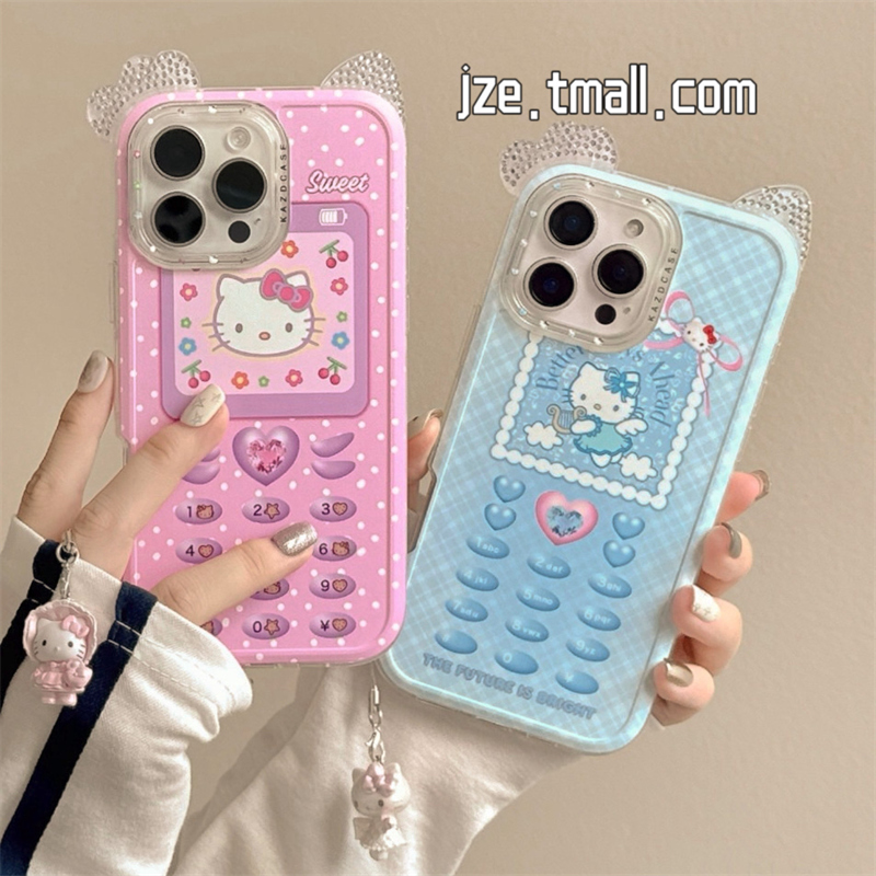 ins可爱镶钻猫耳蝴蝶结KT猫适用苹果15手机壳iphone16ProMax新款15promax女款13带挂饰16pro超火14全包保护套