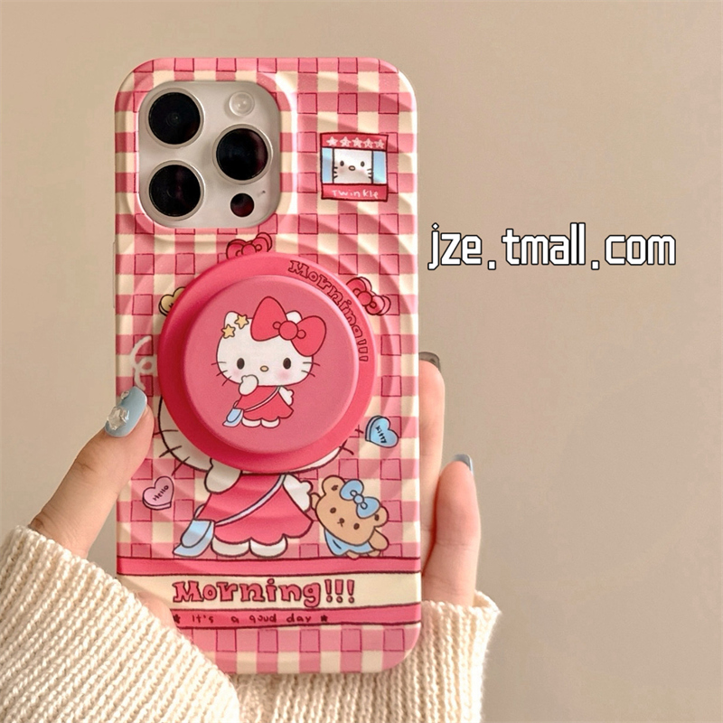 可爱粉格纹HelloKitty支架适用iphone16promax磁吸手机壳苹果13新款15promax硅胶防摔14女款超火12全包保护套