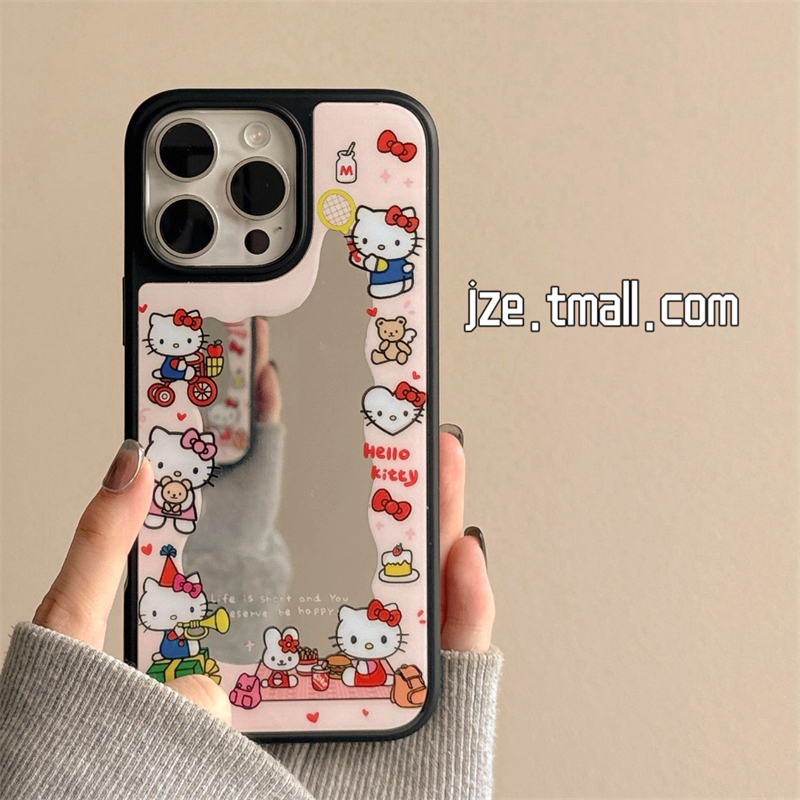 粉色可爱哈喽kitty猫补妆镜适用苹果15手机壳iphone16promax新款15promax防摔13网红卡通12女款14pro全包软壳