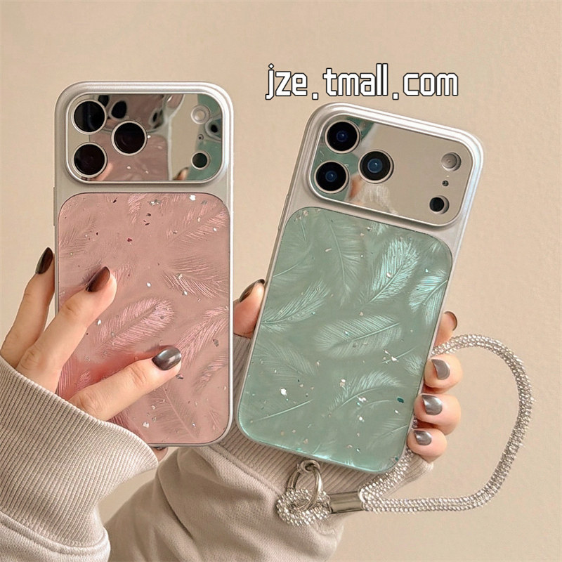jze 轻奢高级感电镀纯色羽毛适用苹果17ProMax手机壳韩系iphone15新款16pro女17pro手提挂绳14全包防摔手机套