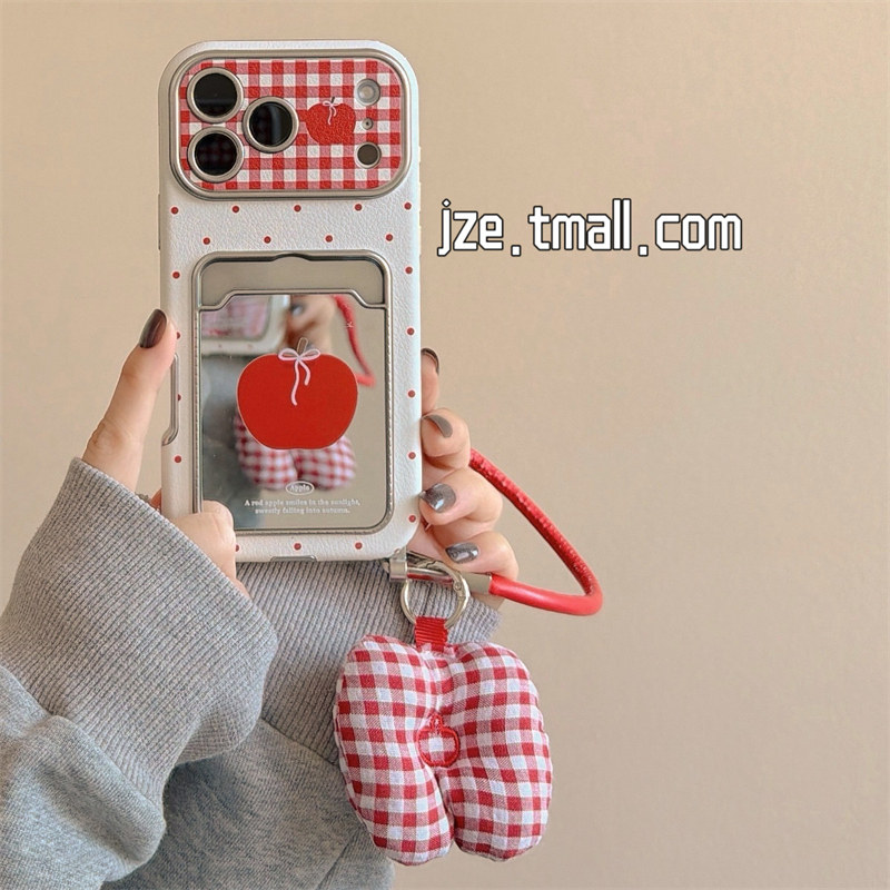 jze韩风ins俏皮波点红苹果镜子卡包适用苹果17ProMax手机壳iphone15新款16pro少女13带挂绳15pro防摔手机套14