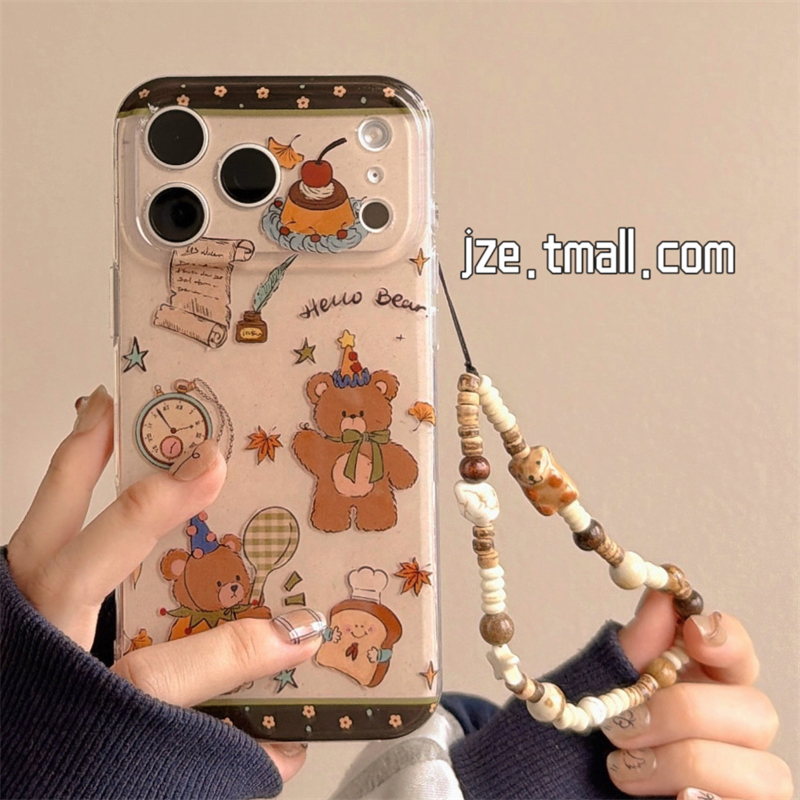 jze 韩风秋冬可爱卡通小熊涂鸦适用苹果17ProMax手机壳iphone15新款16pro女款13带链条15pro双层14防摔保护套