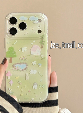 jze 小清新绿色春日氛围感插画适用苹果17ProMax手机壳iphone15新款16pro女款17pro卡通可爱14双层防摔手机套