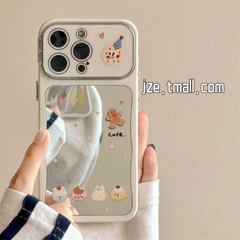 韩风可爱卡通蛋糕波点补妆镜适用苹果15手机壳iphone16ProMax新款15pro女款13带镜头膜16pro全包防摔保护套14