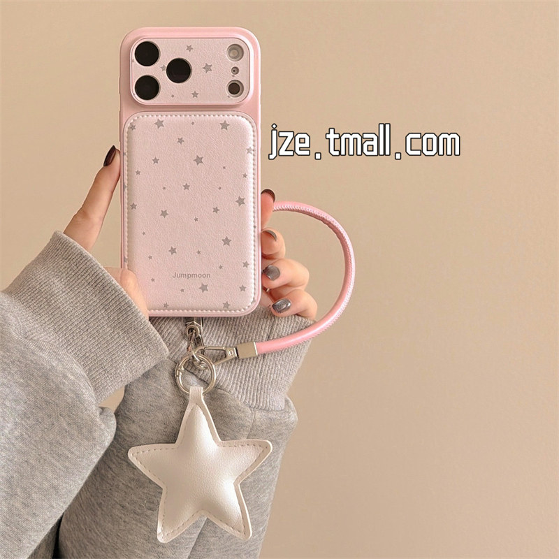 jze韩风ins少女粉简约星星带挂绳适用苹果17ProMax手机壳皮质iphone15新款16pro全包17pro大视窗14防摔手机套