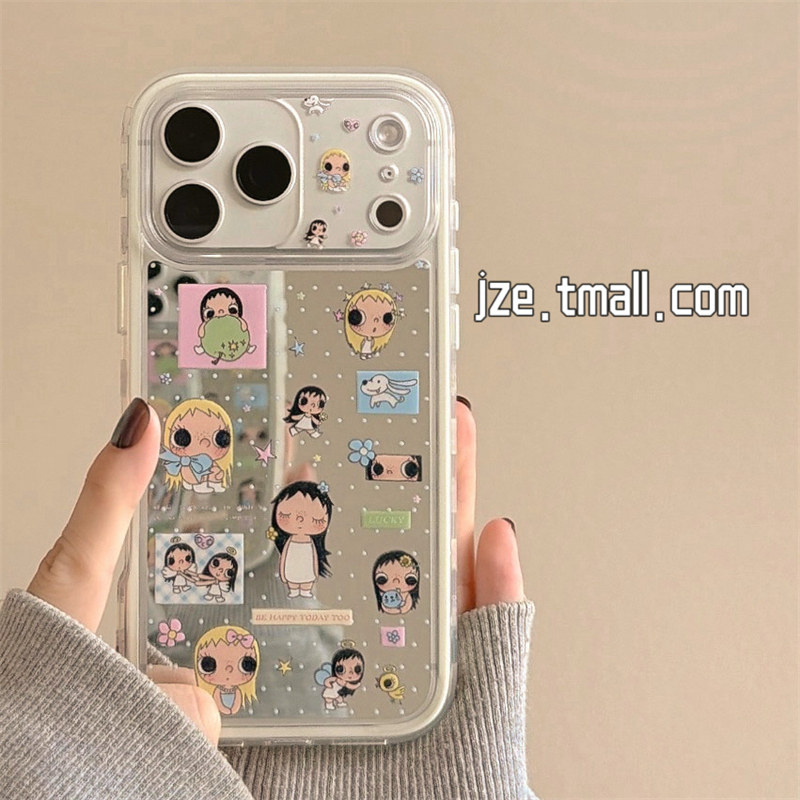 jze 超可爱波点卡通小女孩镜面适用苹果17ProMax手机壳iphone15新款16pro日韩17pro二合一14全包防摔手机套13
