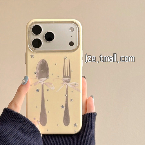 jze韩国ins奶黄色鎏金刀叉餐具适用苹果17ProMax手机壳iphone16pro新款17女款15pro小众个性14全包防摔手机套