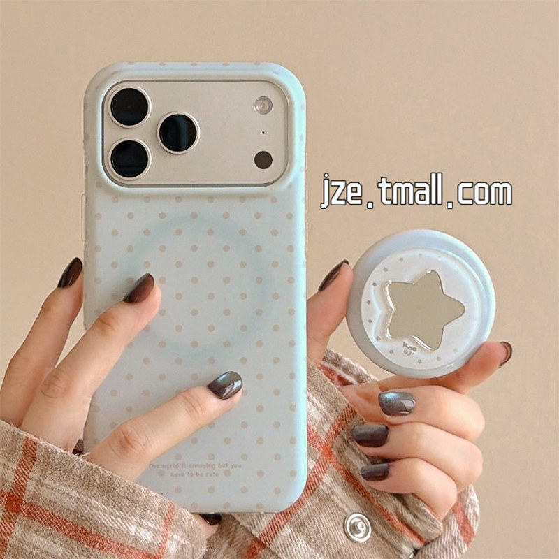 jze韩系ins简约奶油蓝波点五角星镜子适用苹果17ProMax手机壳iphone15新款16pro女17pro磁吸14全包防摔手机套