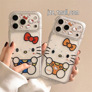 17pro全包14防摔手机套 16pro网红女款 jze 可爱蝴蝶结猫咪闪粉镜头膜适用苹果17ProMax手机壳透明iphone15新款