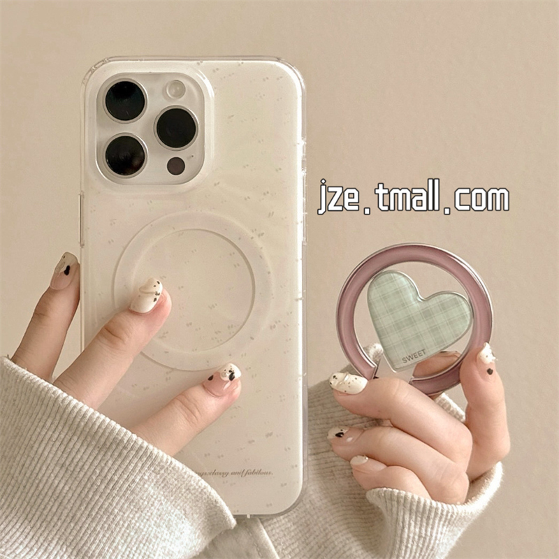 韩风ins简约泼墨格纹爱心适用苹果15手机壳iphone16ProMax新款15promax女款13旋转磁吸支架16pro全包14保护套