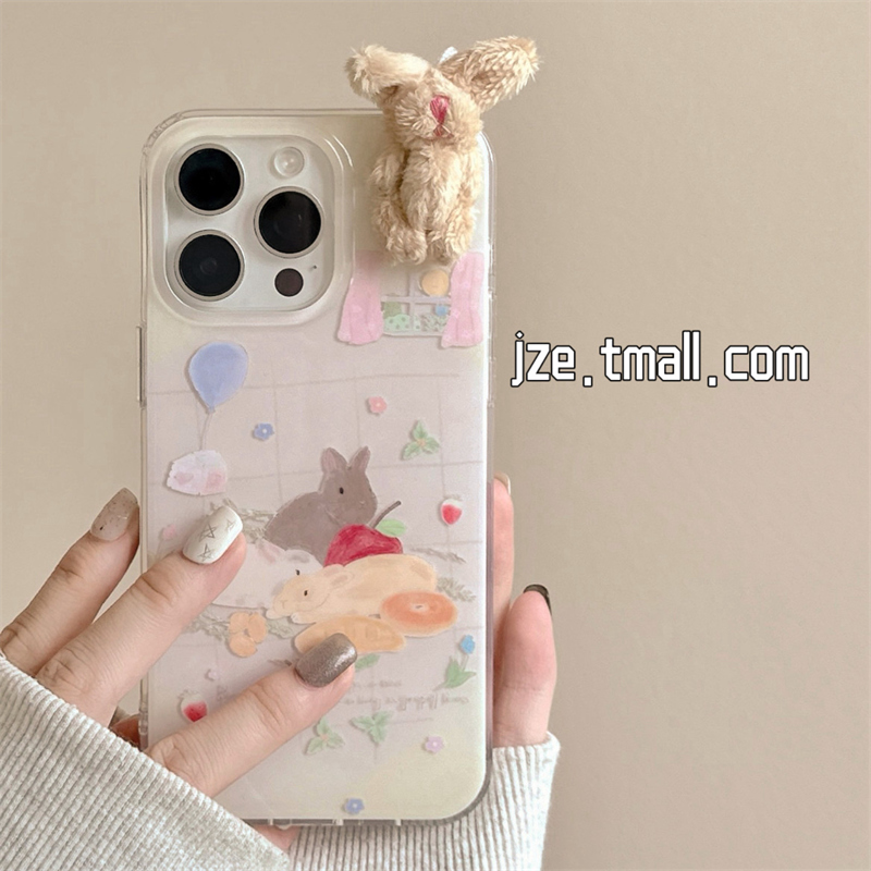 ins风可爱卡通立体毛绒兔子适用苹果15手机壳iphone16ProMax新款15promax女13清新16pro小众14pro全包保护套