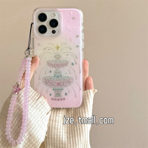 jze 韩系ins梦幻甜美粉色少女彩钻许愿池适用苹果15手机壳iphone16ProMax新款15promax夏13全包16pro保护套14