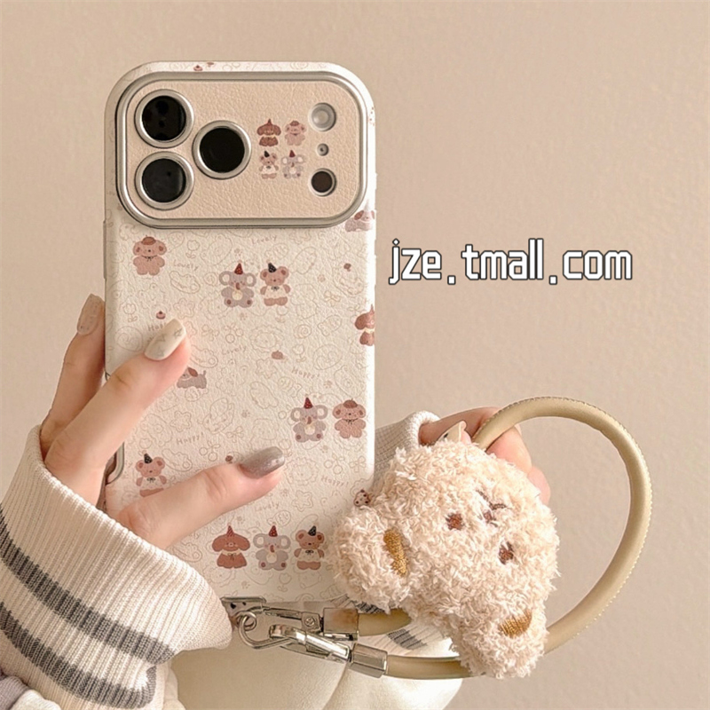 jze 仿皮大视窗线条小动物适用苹果17ProMax手机壳iphone15新款16pro女款13带挂绳15pro卡通可爱14防摔保护套