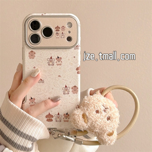 jze 仿皮大视窗线条小动物适用苹果17ProMax手机壳iphone15新款16pro女款13带挂绳15pro卡通可爱14防摔保护套