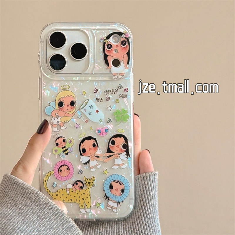 jze ins韩系贝壳纹可爱卡通小女孩适用苹果17ProMax手机壳iphone15新款16promax超火17pro全包14防摔手机套13