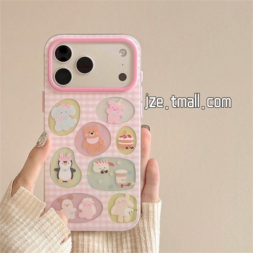 jze 甜美卡通粉格纹缕空jellycat公仔适用苹果17ProMax手机壳iphone16pro新款17女15pro双层14全包防摔手机套