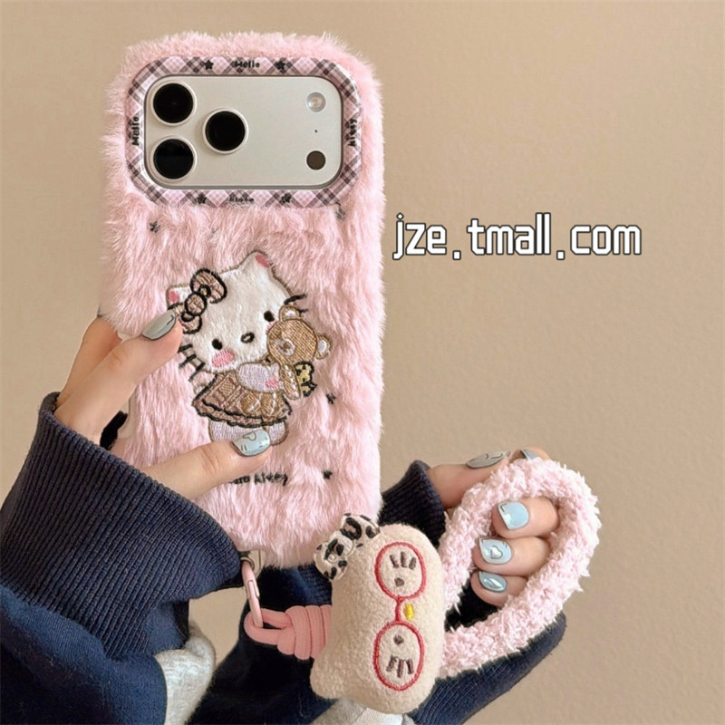 jze秋冬粉色毛绒茸小熊kitty刺绣适用苹果17ProMax手机壳iphone15新款16pro女13带挂绳15pro可爱14防摔保护套,3C数码配件,手机保护套/壳,淘宝优惠券,粉丝福利购,淘宝优惠卷