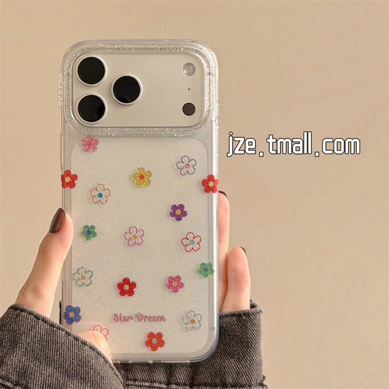 jze韩系ins风小众春日彩色花朵适用苹果17ProMax手机壳iphone15新款16pro少女17pro透明细闪14全包防摔手机套