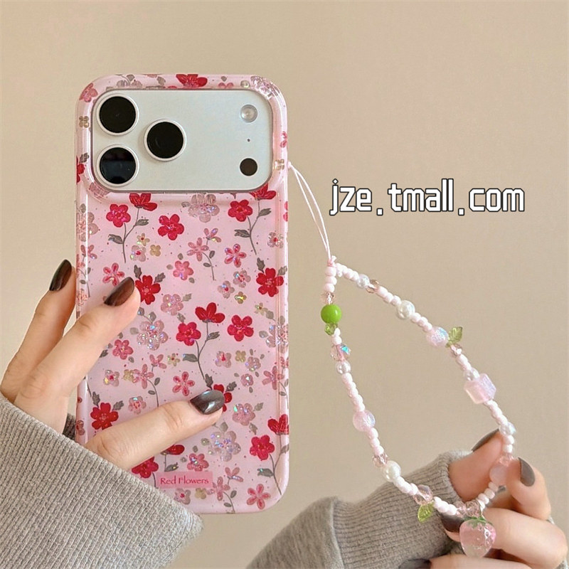 jze ins风春天粉红少女花朵适用苹果17ProMax手机壳双层iphone15新款16pro带链条17pro小众14全包防摔手机套