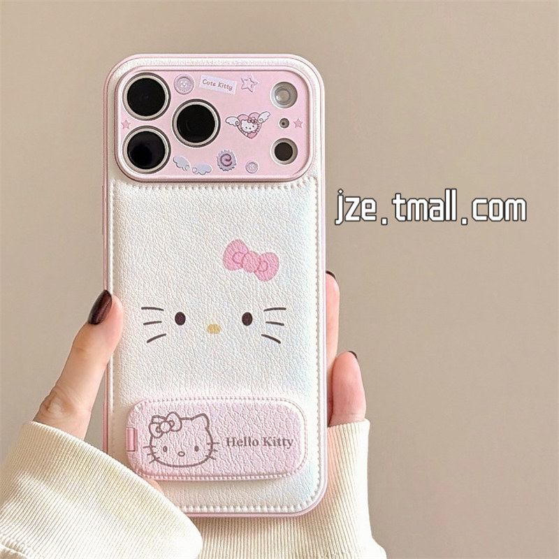 jze皮质白色蝴蝶结kitty表情适用苹果17ProMax手机壳可爱iphone15新款16pro女17pro镜子支架14全包防摔手机套
