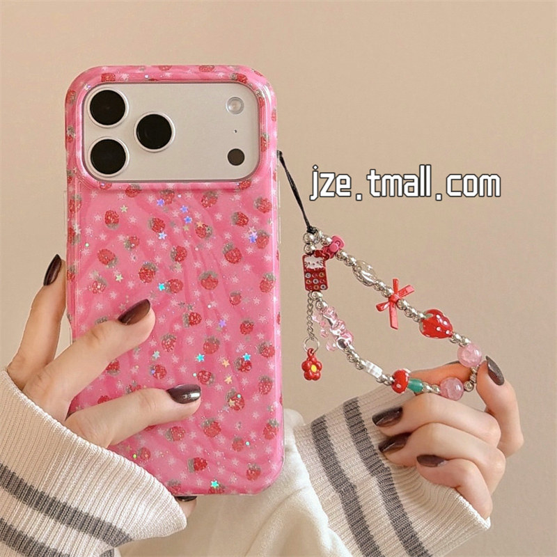 jze ins风小众细闪粉红草莓星星挂链适用苹果17ProMax手机壳iphone15新款16pro13少女15pro双层14防摔手机套