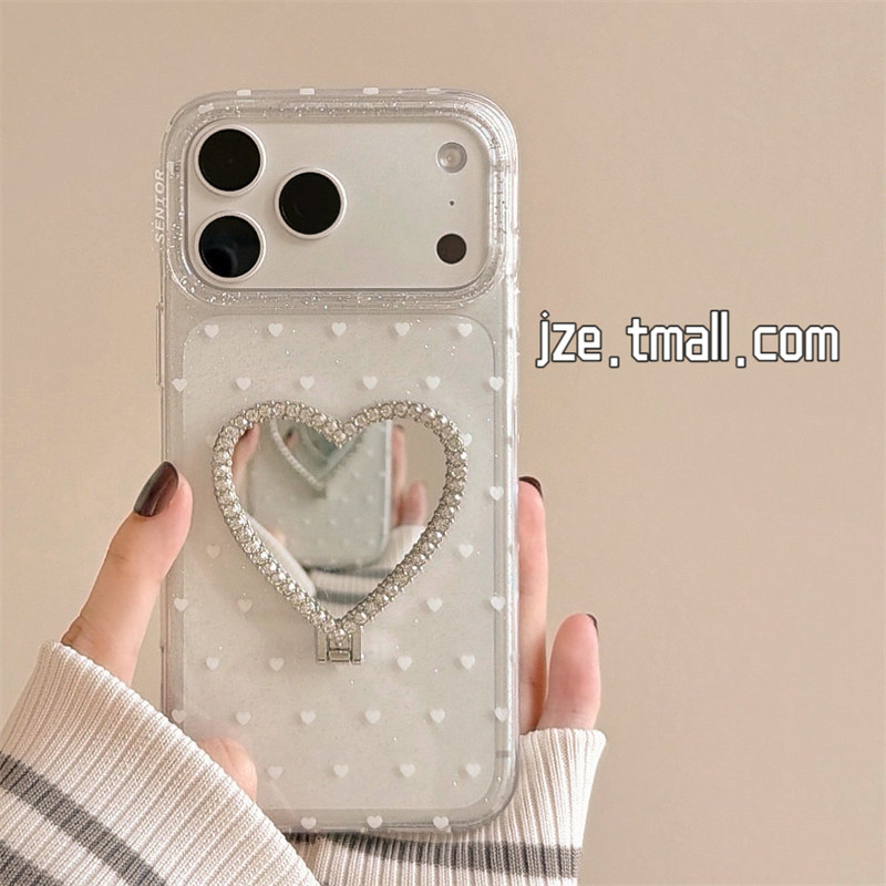 jze韩系ins透明细闪水钻爱心镜面支架适用苹果17ProMax手机壳iphone15新款16pro少女17pro高级感14防摔手机套