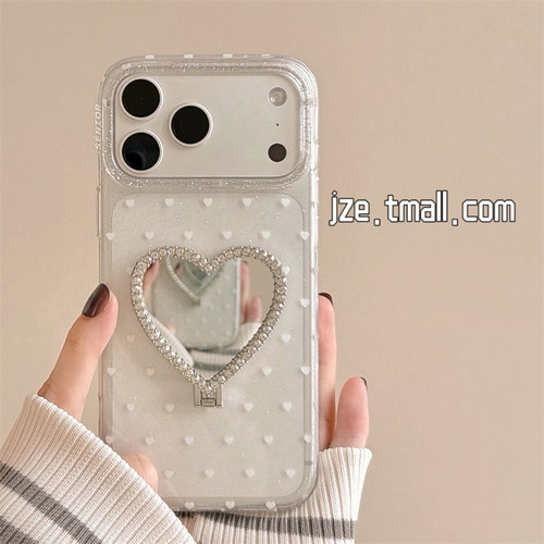 jze韩系ins透明细闪水钻爱心镜面支架适用苹果17ProMax手机壳iphone15新款16pro少女17pro高级感14防摔手机套