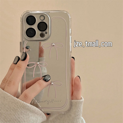 ins风立体珍珠蝴蝶结自带镜头膜适用苹果17手机壳补妆镜iPhone16ProMax新款15pro防摔12女款13硅胶14pro全包