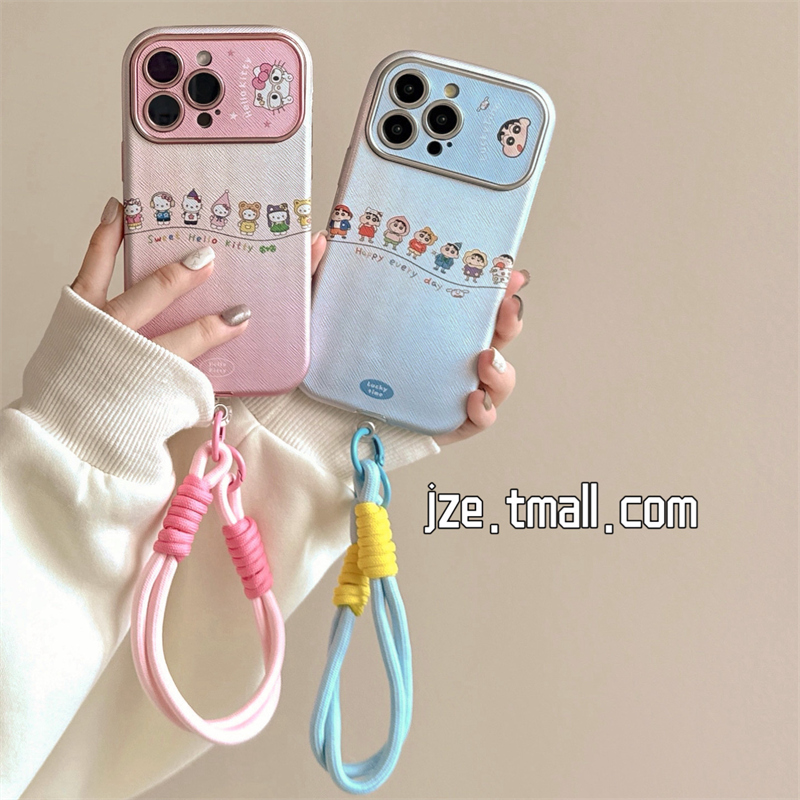 卡通可爱小新kitty猫适用苹果15手机壳iphone16ProMax新款15promax情侣款13带挂绳16pro仿皮14全包保护套男女