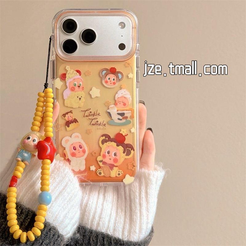 jze 半透可爱卡通星星小人插画适用苹果17ProMax手机壳iphone15新款16pro女款13带链条15pro双层14防摔保护套