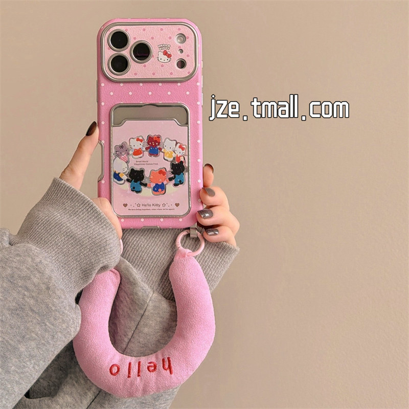 jze 可爱波点拉手哈喽kt卡包适用苹果17ProMax手机壳iphone15新款16pro女款13软手提15pro超好看14防摔保护套