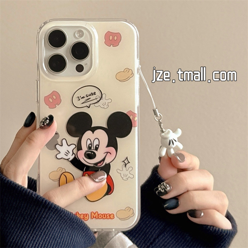 ins可爱卡通米奇插画适用苹果15手机壳iphone16ProMax新款15promax超好看女款13带挂件16pro双层14全包保护套