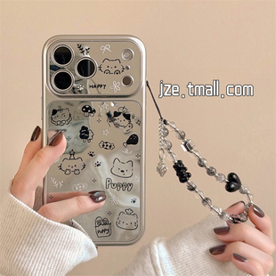 jze韩风ins可爱涂鸦猫咪狗狗镜面适用苹果17ProMax手机壳iphone15新款16pro女款13电镀15pro全包14防摔手机套