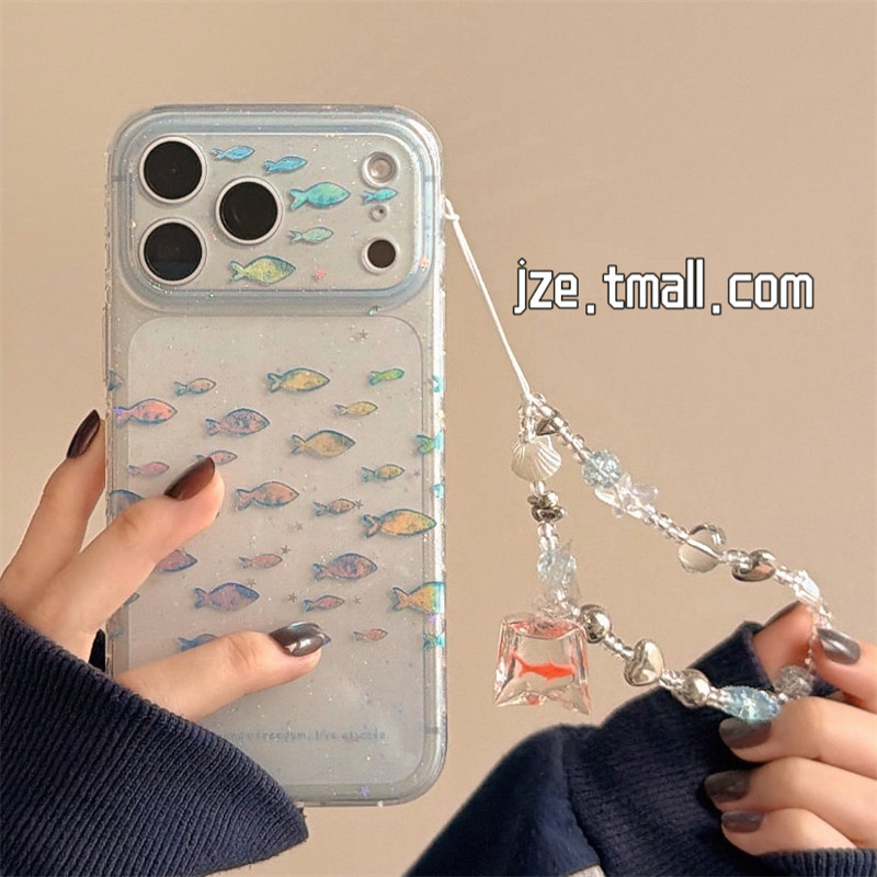 jze夏天ins风透明鎏金小鱼带链条适用苹果17ProMax手机壳简约iphone15新款16pro女17pro创意14全包防摔手机套