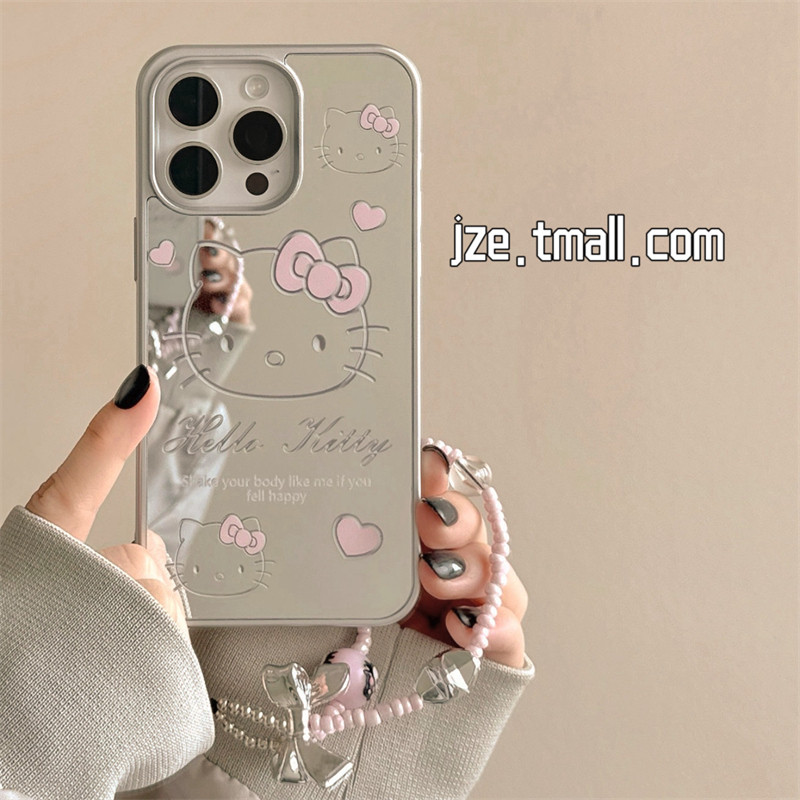 镜面卡通可爱KT猫适用苹果15手机壳带链条iPhone16ProMax新款15pro防摔13日韩女款12电镀14pro全包软壳超好看