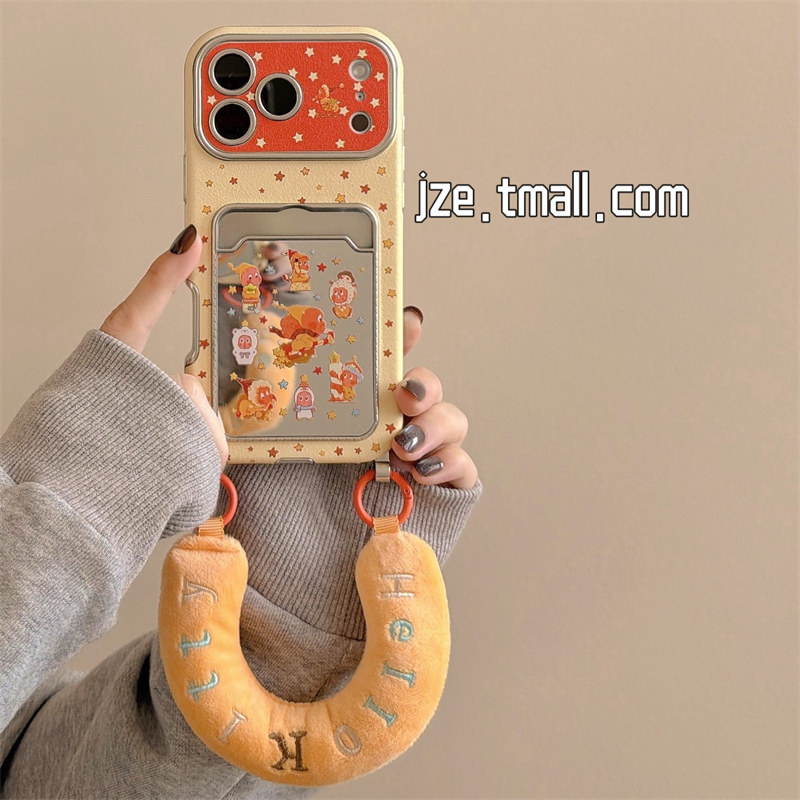 jze 皮质米黄星星小人镜面卡包适用苹果17ProMax手机壳iphone15新款16pro女款13软手提15pro全包防摔保护套14