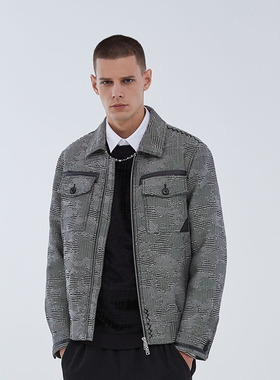 DAVID NAMAN春季经典格纹翻领短款羽绒双口袋夹克版外套