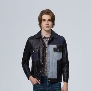 多口袋 潮流外套男士 DAVID NAMAN春夏拼接翻领纽扣皮衣时尚