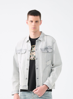 DAVID NAMAN【水洗做旧】春夏美式经典复古浅灰色男牛仔夹克外套