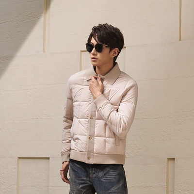 翻领白鹅绒卡其色休闲羽绒服