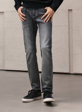 DAVID NAMAN秋季男士牛仔灰色水洗修身复古做旧磨白渐变牛仔裤子