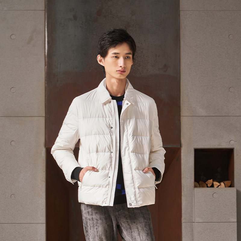 DAVID NAMAN【品质鹅绒】冬季男士翻领衬衫式短款白色简约羽绒服
