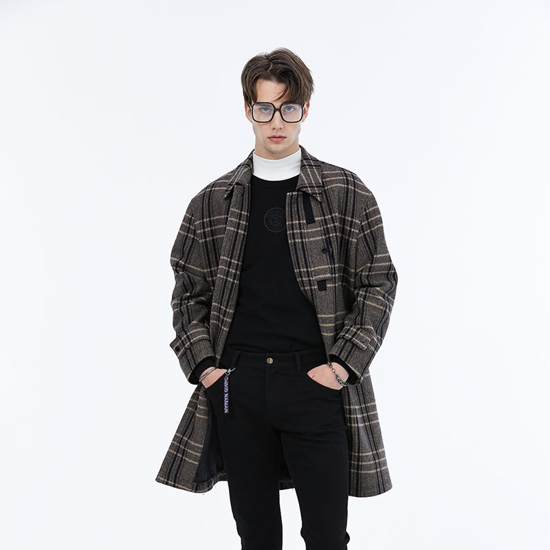 DAVID NAMAN【羊毛羊绒】早春英伦风格纹高级感长款大衣外套男士