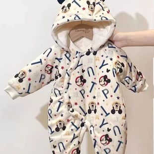 迪士尼婴儿连体衣冬季 宝宝220克带帽哈衣新生儿可爱加厚外出棉服