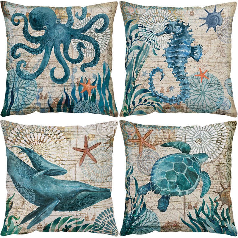 新款动物绒布抱枕套数码印花海洋生物抱枕靠枕