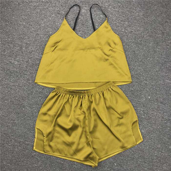 欧美仿丝吊带短裤睡衣家居服2套装女 homewear pajama set women