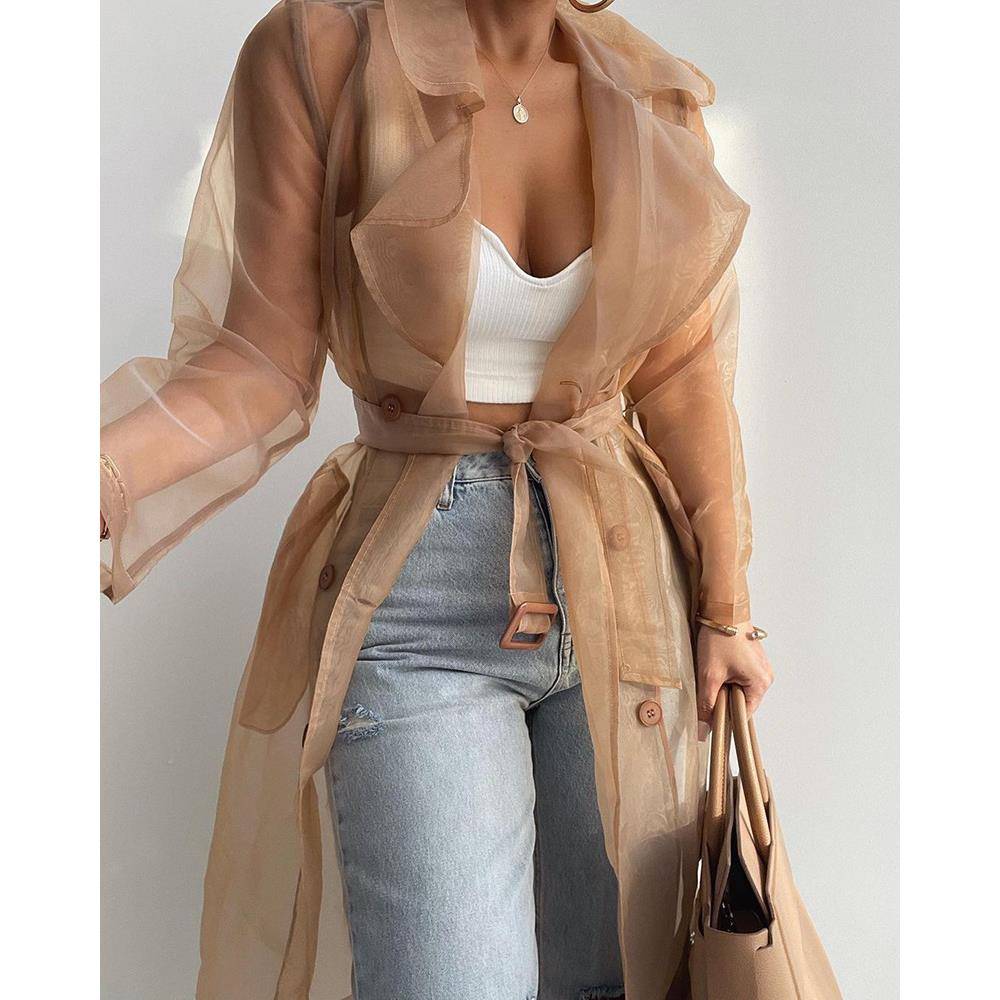 Women casual long sleeved coat 女士欧美纯色透视外套-带腰带