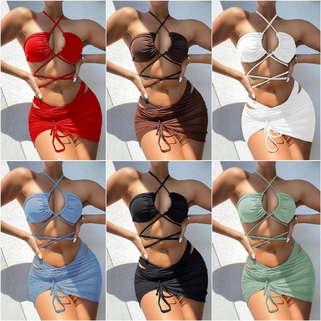 2021欧美辣妹女分体泳衣纯色性感绷带三件套比基尼系带泳装Bikini